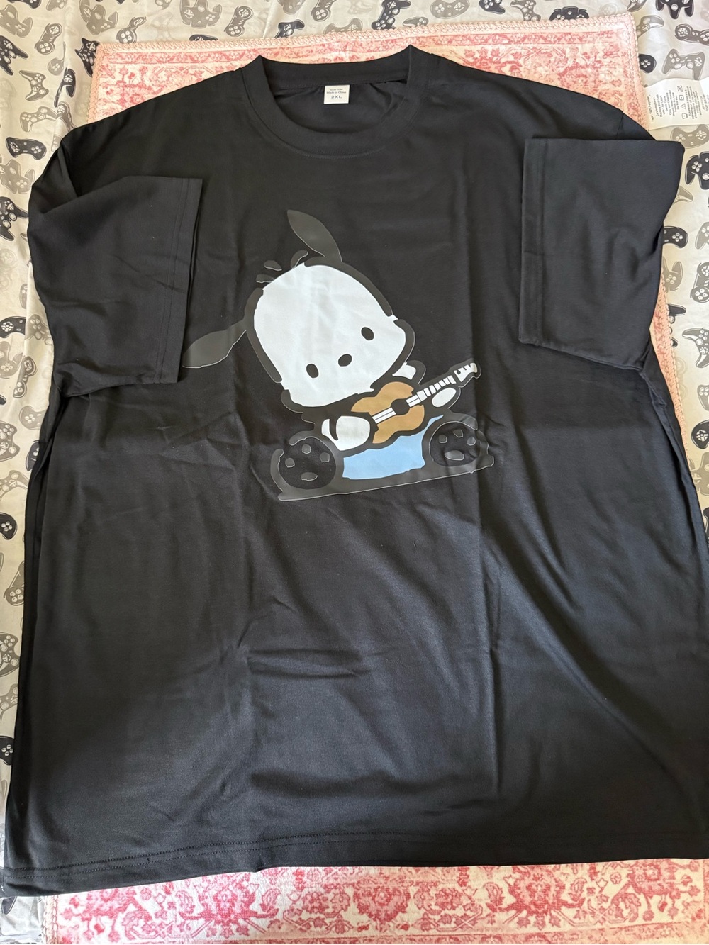 Black Pochacco Graphic Tee with Playing Guitar